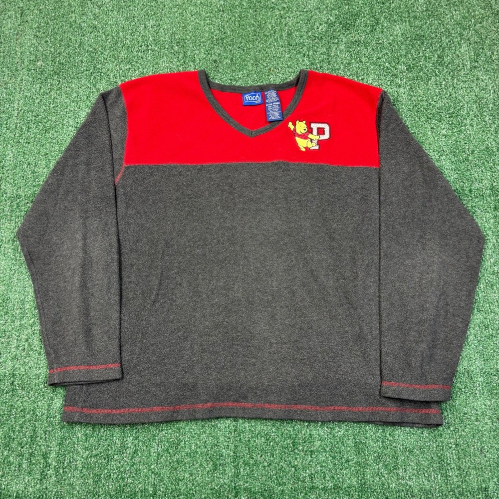 Vintage Disney Pooh Fleece Sweater Red Grey Baggy Skater V-Neck XL
